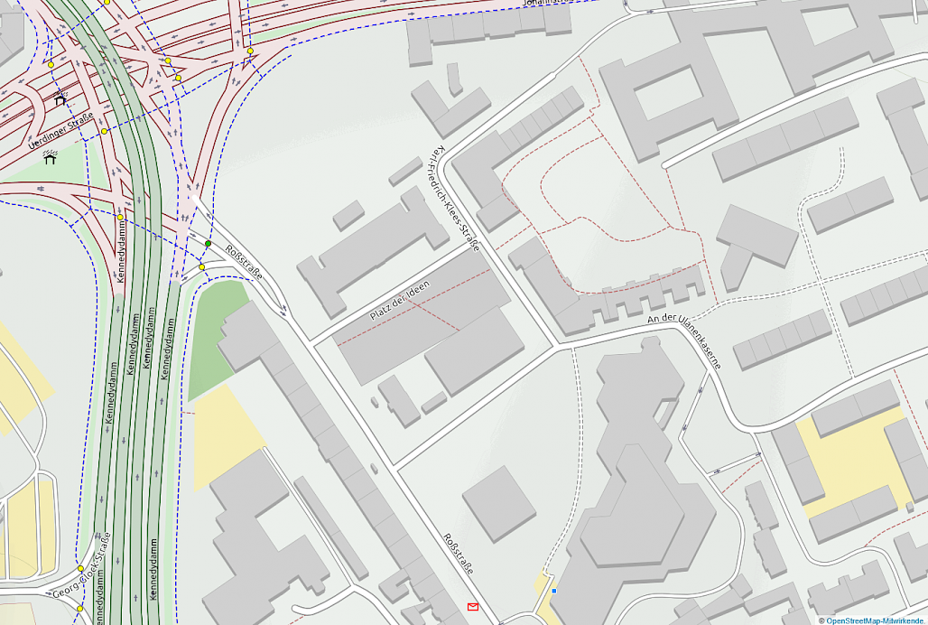 In Düsseldorf gibt es tatsächlich einen „Platz der Ideen“ (Hintergrund: © OpenStreetMap contributors)