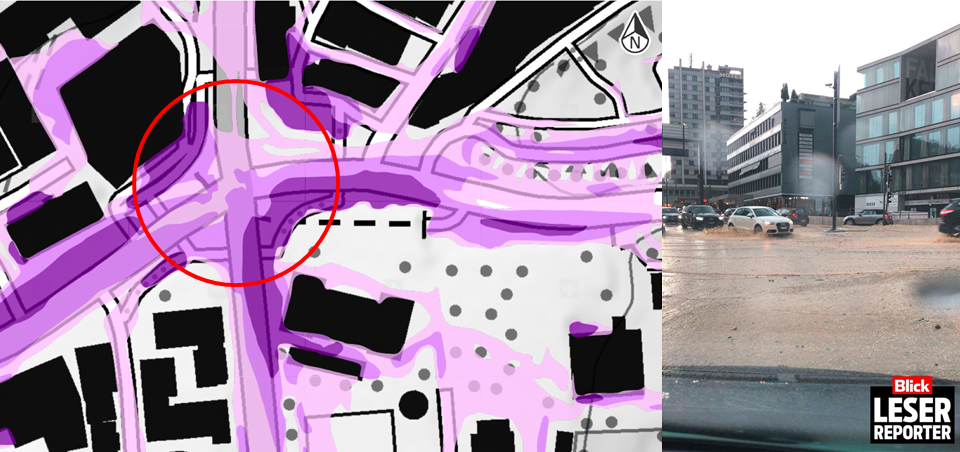 Oberflächenabfluss auf der Karte (links) und in Realität (rechts) (links: www.geo.admin.ch)