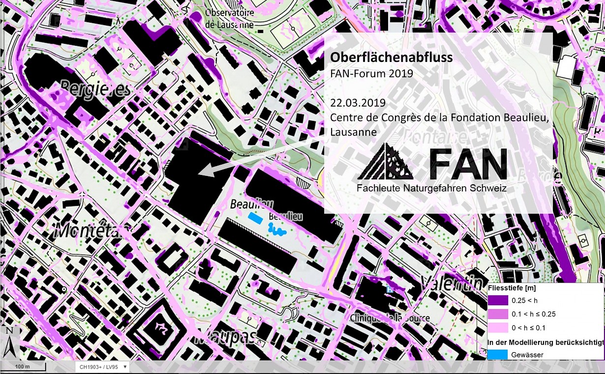 Gefährdungskarte Oberflächenabfluss – Ausschnitt Veranstaltungsort FAN Forum 2019 in Lausanne (www.geo.admin.ch)