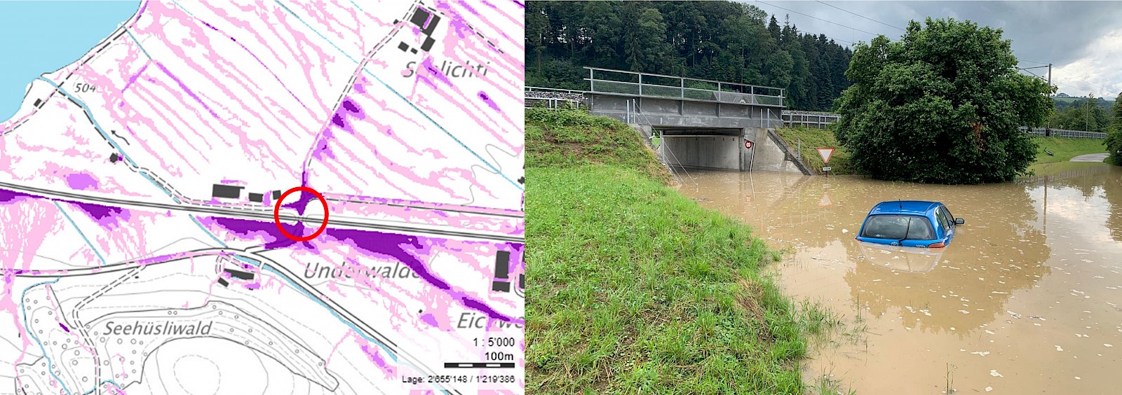 Oberflächenabfluss bei Sempach Station auf der Karte (links) und in Realität am 02.07.2020 (rechts) © links: Geoinformation Kanton Luzern, rechts: Luzerner Polizei, Luzerner Zeitung