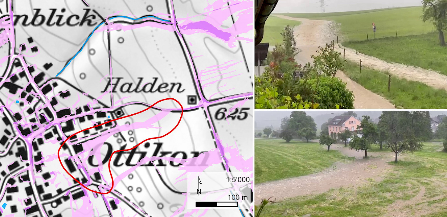 Oberflächenabfluss in Ottikon, Gemeinde Illnau-Effretikon, auf der Karte (links) und in Realität am 07.06. 2021 © links: Gefährdungskarte Oberflächenabfluss BAFU, rechts: Aufnahmen Augenzeuge