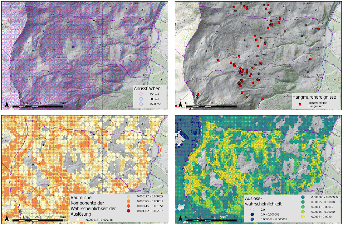 Physikalische und räumliche Komponenten, die bei der Berechnung der Auslösewahrscheinlichkeit von Hangmuren berücksichtigt werden (Daten © Hählen 2023, Berechnung © geo7, Hintergrundkarte © swisstopo)