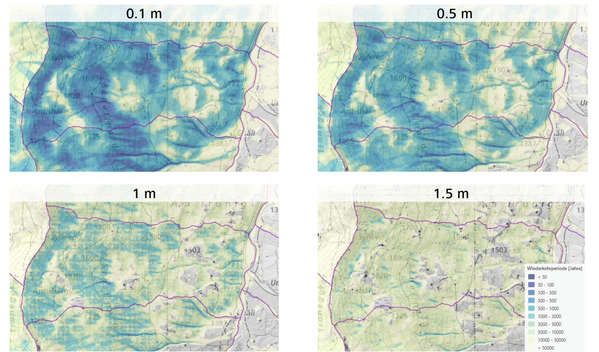 Karten der Wiederkehrperioden ausgewählter Fliesstiefen für Hangmurenereignisse einer Prozessquelle «Im Truning», Gemeinde Adelboden (Berechnung © geo7, Hintergrundkarte © swisstopo).
